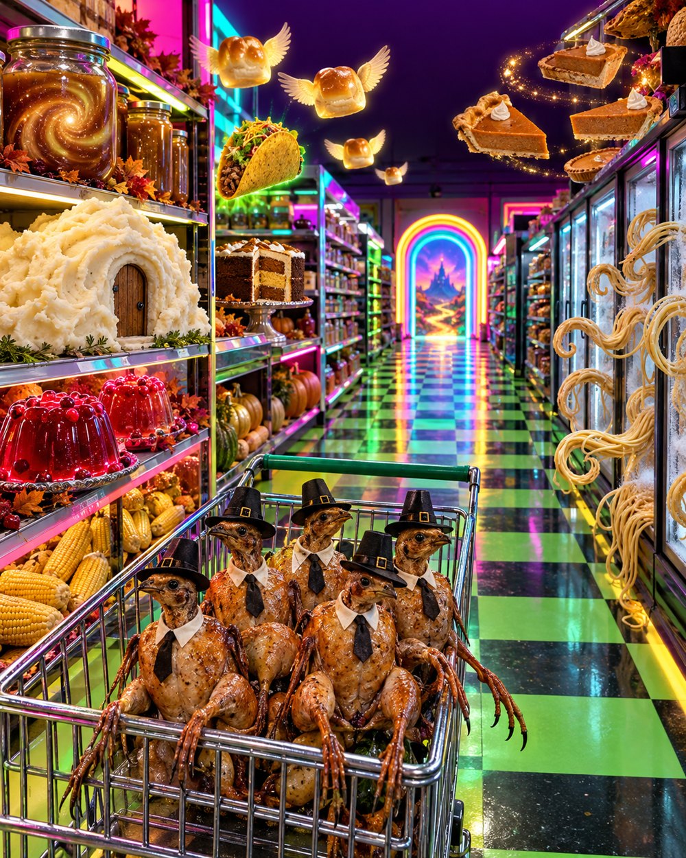 A photo-real, surreal neon supermarket aisle: five roasted quails in tiny pilgrim hats and neckties ride in a shopping cart past a mashed potato mountain with a tiny door, a galaxy-swirl gravy jar, glowing cranberry jelly, winged rolls, a floating taco, orbiting pie slices, spaghetti tentacles in the freezers, and a glowing rainbow portal